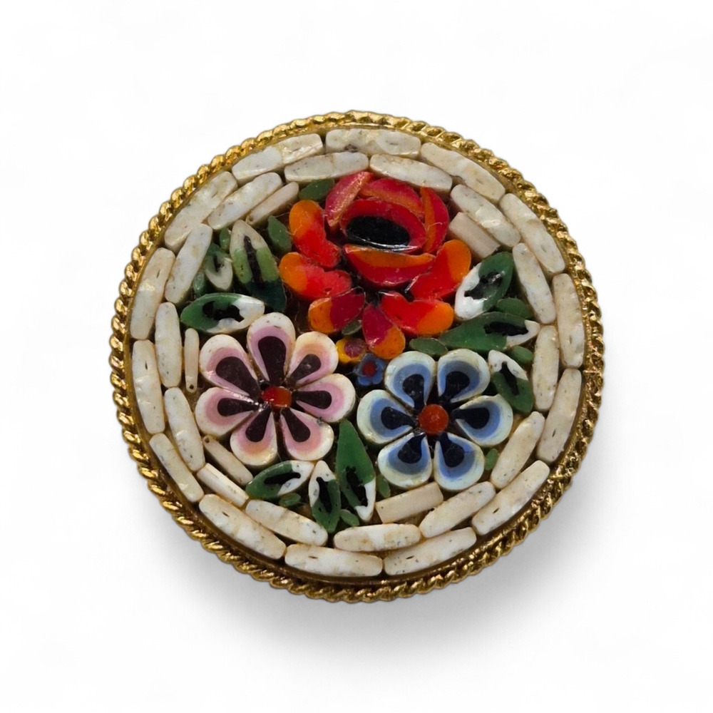 Vintage Italian Mosaic Brooch Floral Micro Mosaic Gold Tone